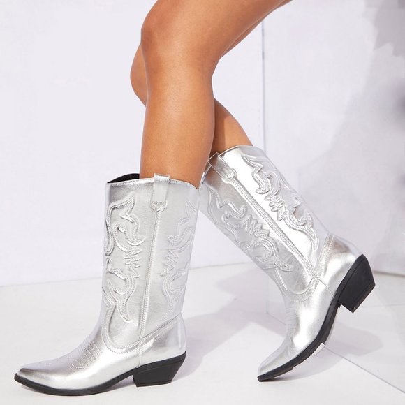 NEW🔥 Silver Pointed Toe Pull-On Mid-Calf Cowboy Cowgirl Western Boot Block Heel - Picture 2 of 6